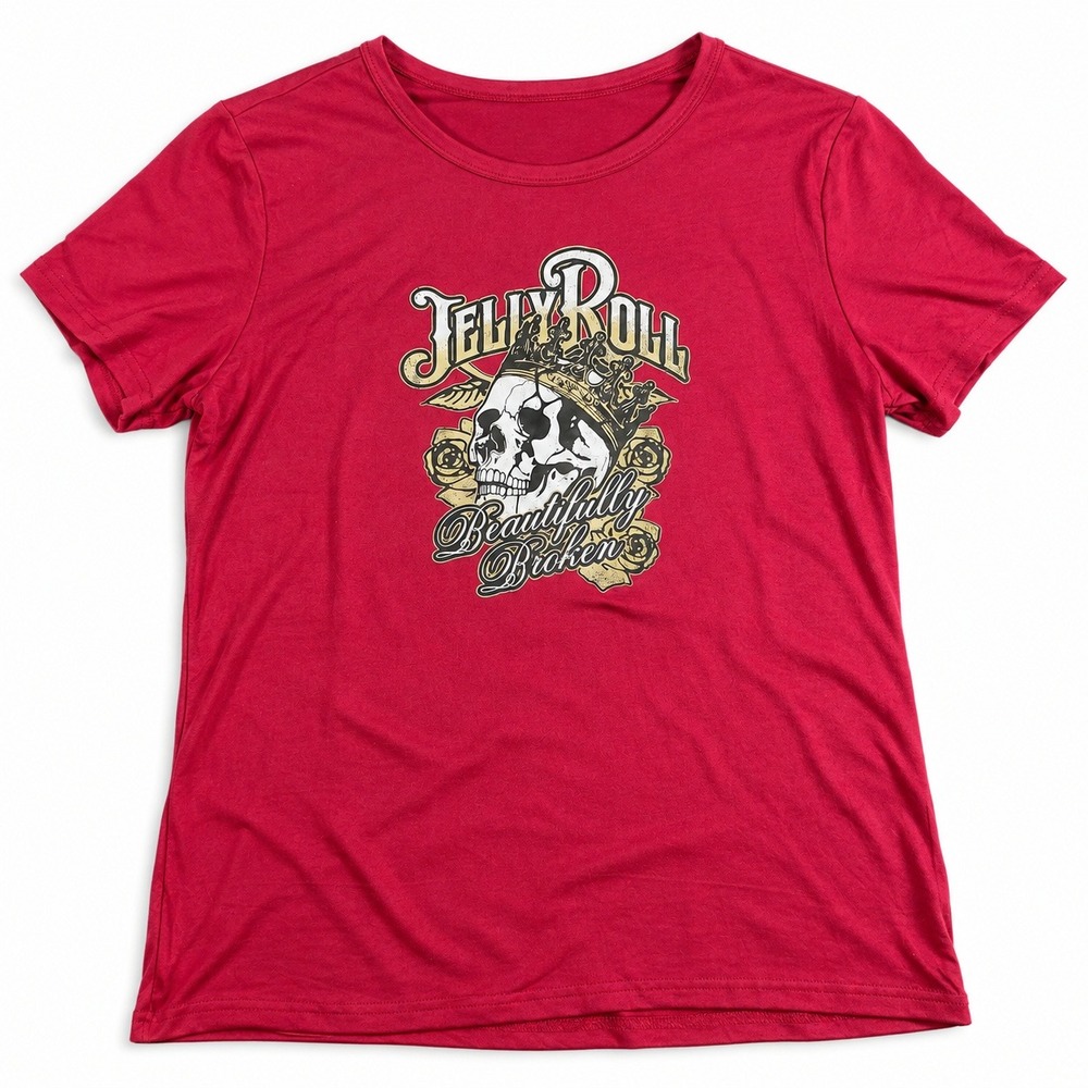 Jelly Roll Beautifully Broken Skull Graphic T-Shirt Mens XXL Maroon Red Crown